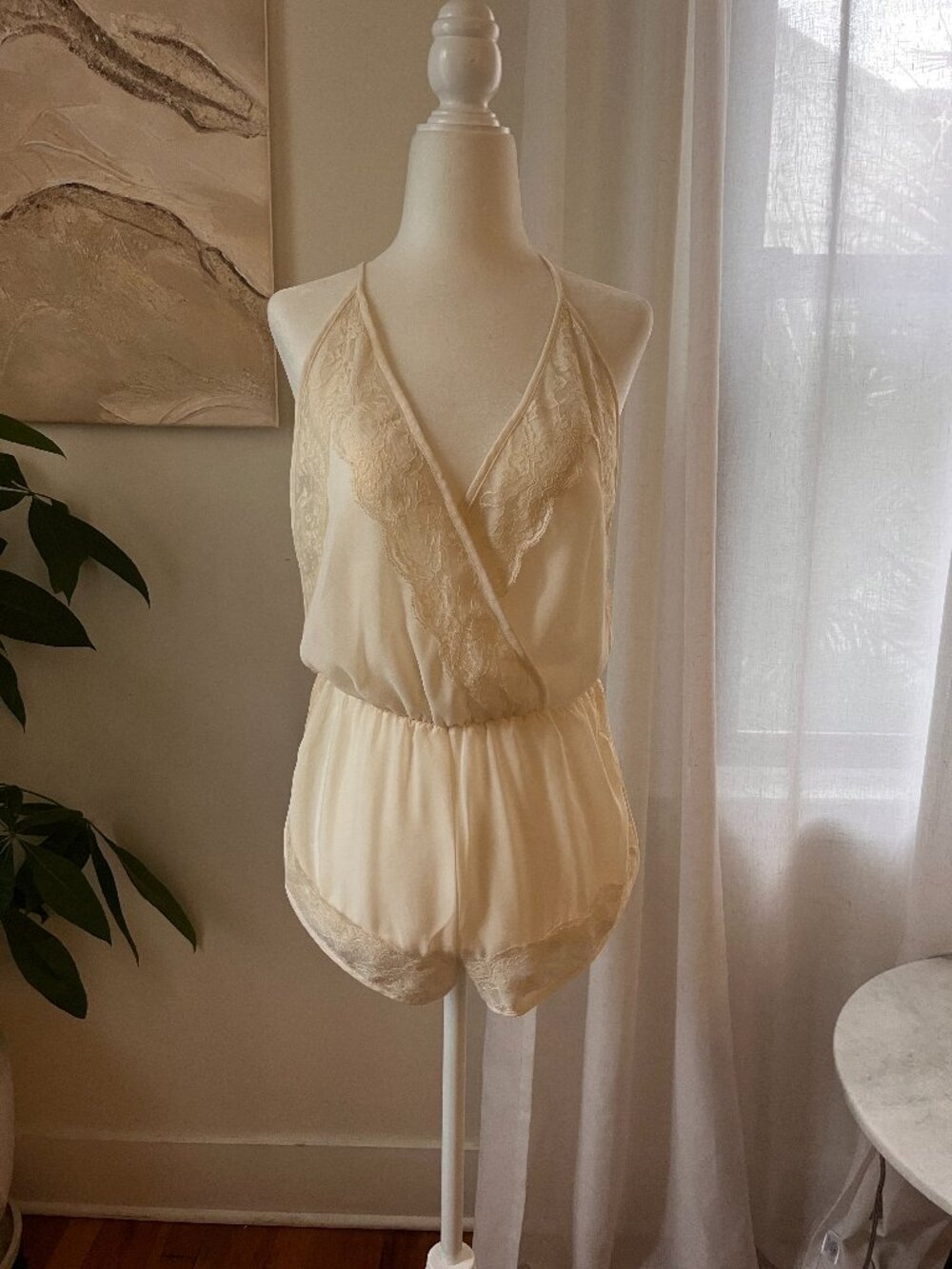 Flora Nikrooz Elle Ivory Charmeuse Lace Romper Bridal | Size S
